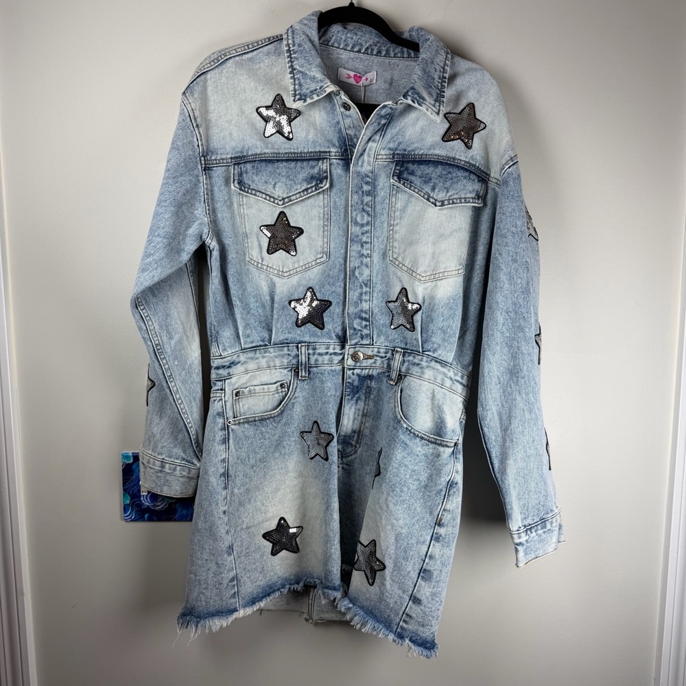 NWT Buddy Love RAELYNN DENIM Blue MINI DRESS Sequin Stars Rodeo Festival Large - Picture 2 of 14